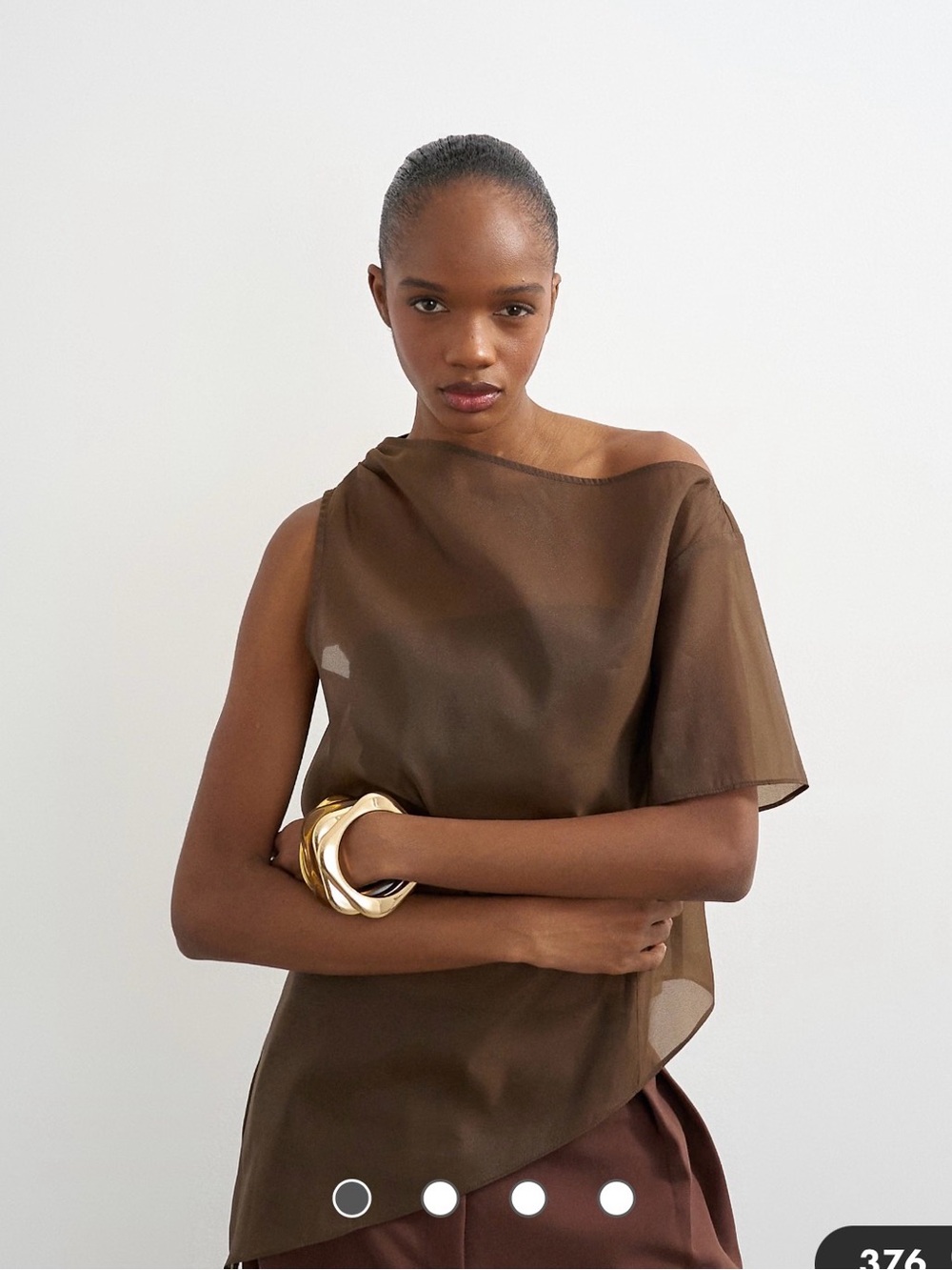 Topshop Brown Sheer One-Shoulder Top with Asymmetrical Hem